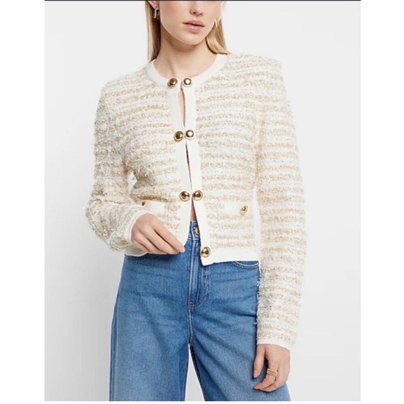 Express Womens M Lady Jacket Cream Gold Tweed Knit Cardigan Old Money Classic - Picture 2 of 13
